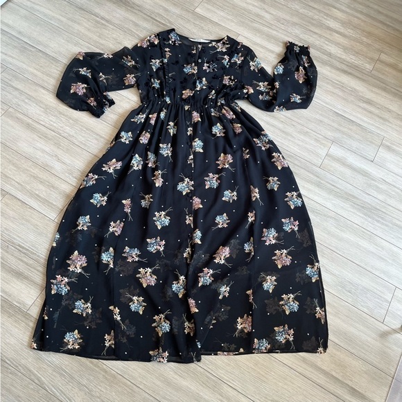 ZARA Black Floral Sheer Chiffon Dress, Midi Oversized Boho Smock Dress, small - Picture 2 of 16